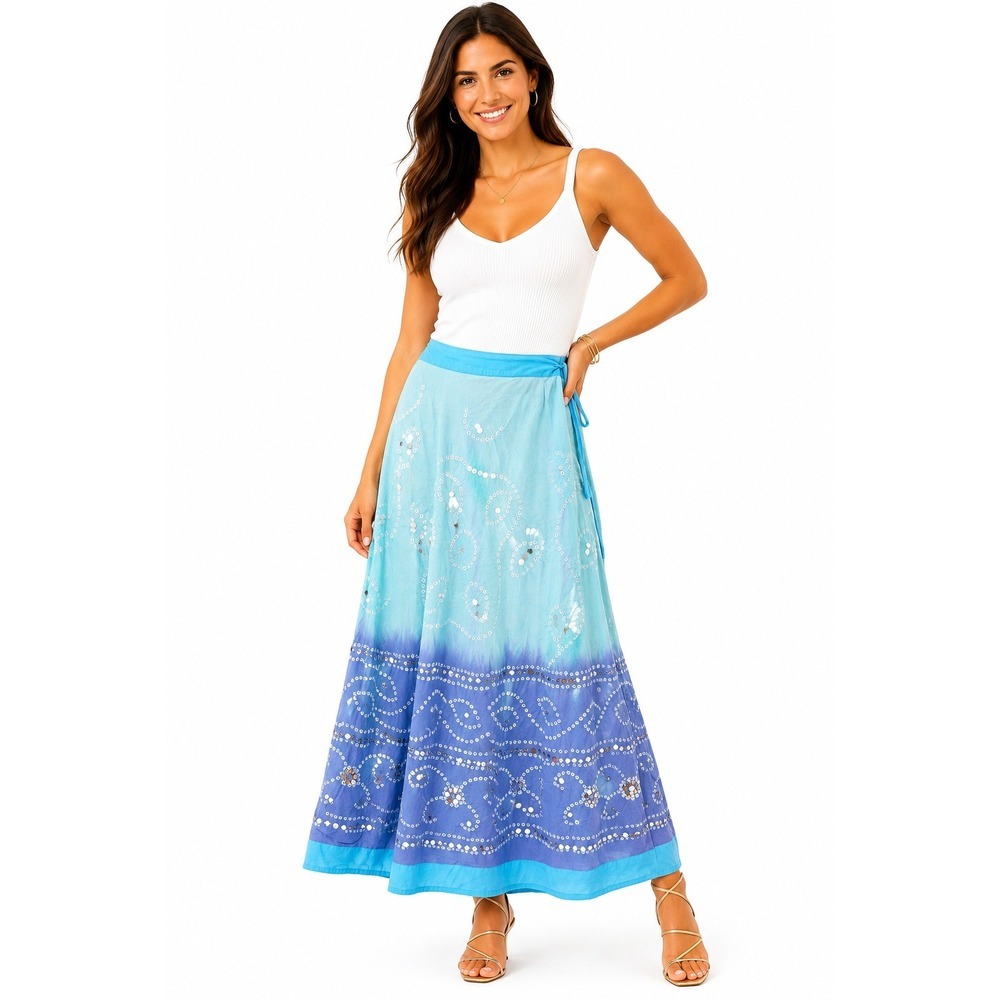 Chadwicks Vintage Blue Ombre Maxi Skirt Size 6 Embroidered Sequin Cotton Boho